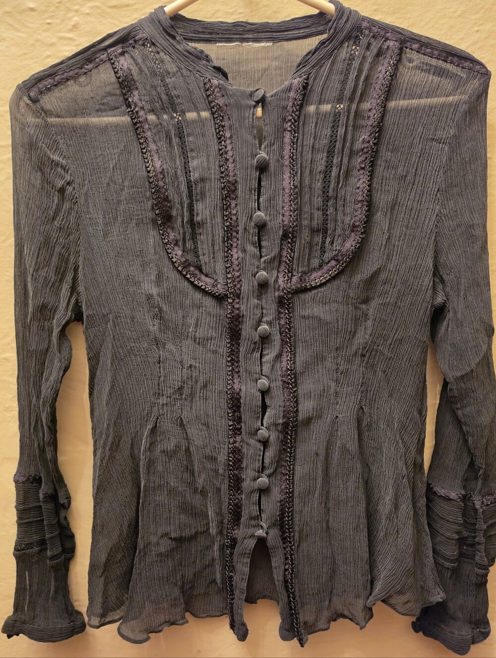 Sheer Crinkle Embroidered Goth Boho Blouse Black S - Picture 1 of 8
